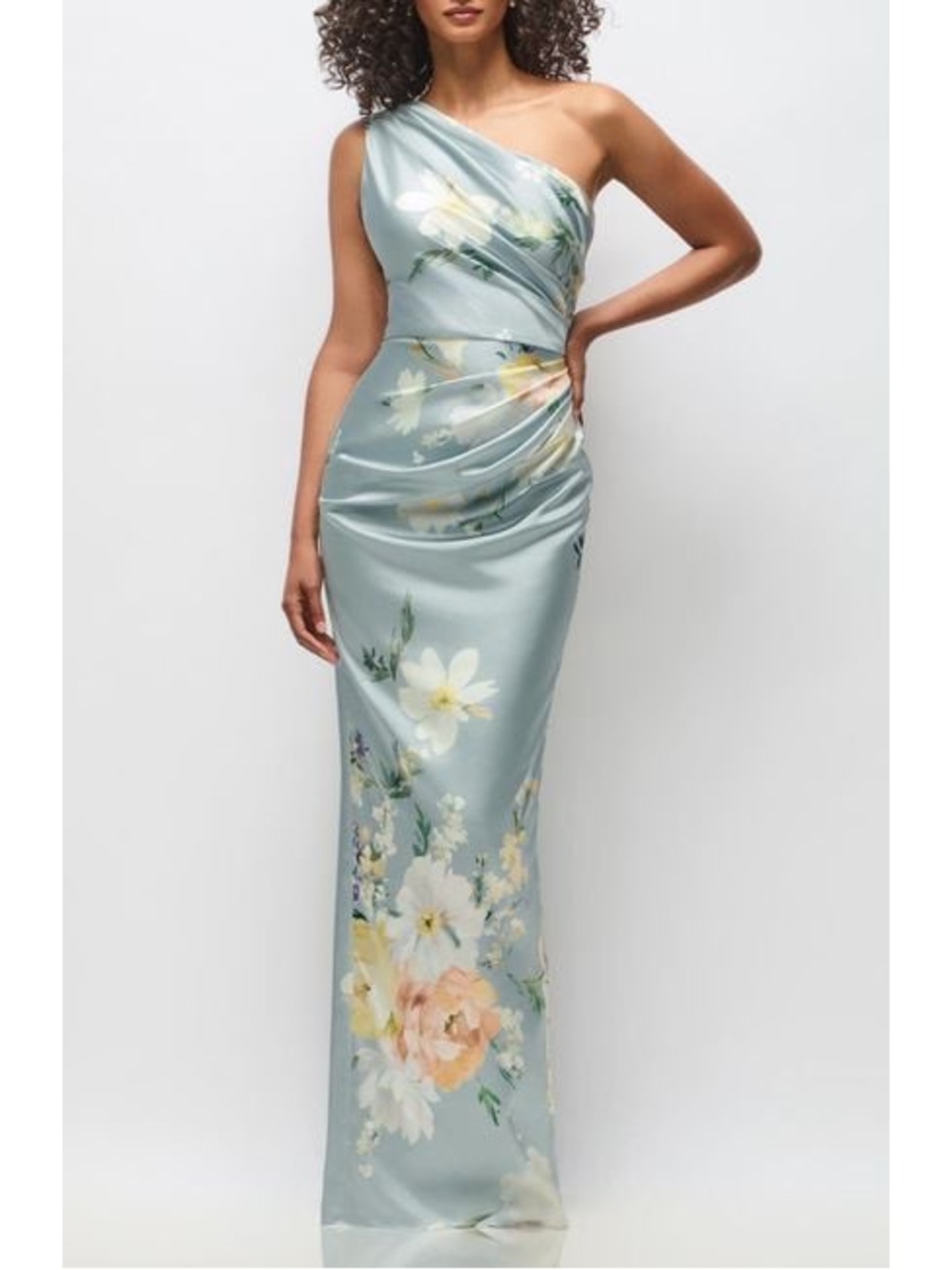 After six One-Shoulder Floral Satin Evening Dress in Light Blue